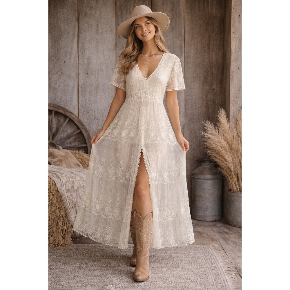 Shyanne  Dress XS Boho Cream Floral Lace Maxi Flutter Sleeve Trim Cream‎ Western